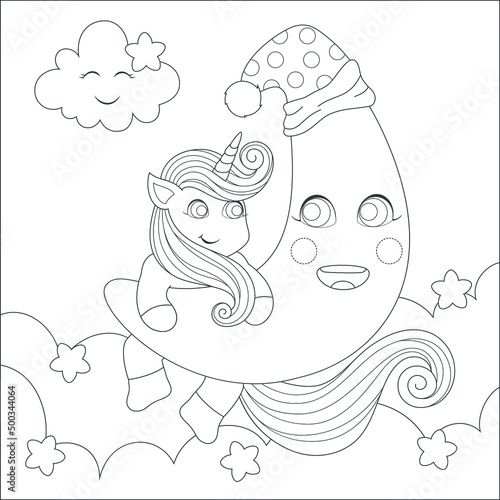 coloring unicorn playing with the moon