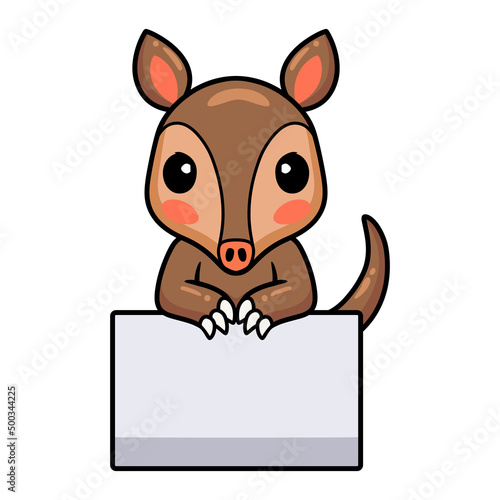 Cute little aardvark cartoon with blank sign photo