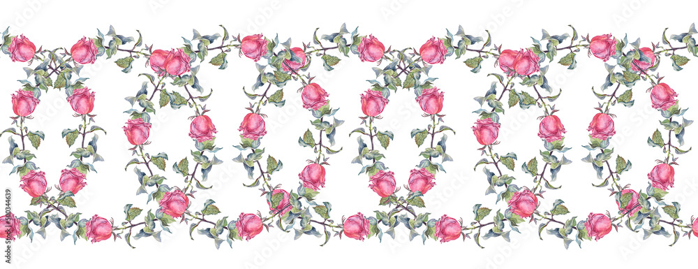 Seamless border with watercolor circle weave chain for frame. Branch with flower pink rose and leaves on white background. Hand-drawn summer plant. Art with copy space. Art for wedding invitation