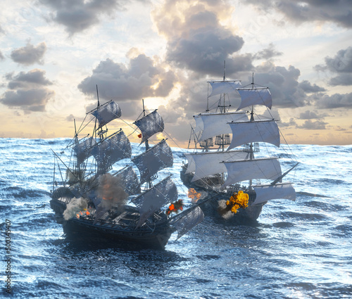 sea battle, sailing pirate ship sailing on the sea 3D render