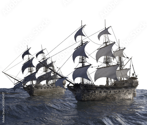 sea battle, sailing pirate ship sailing on the sea 3D render