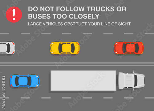 Safe driving rules and tips. Blue sedan car following a truck too closely. Top view. Keep a safe distance on roads. Large vehicles obstruct your line of sight. Flat vector illustration template.