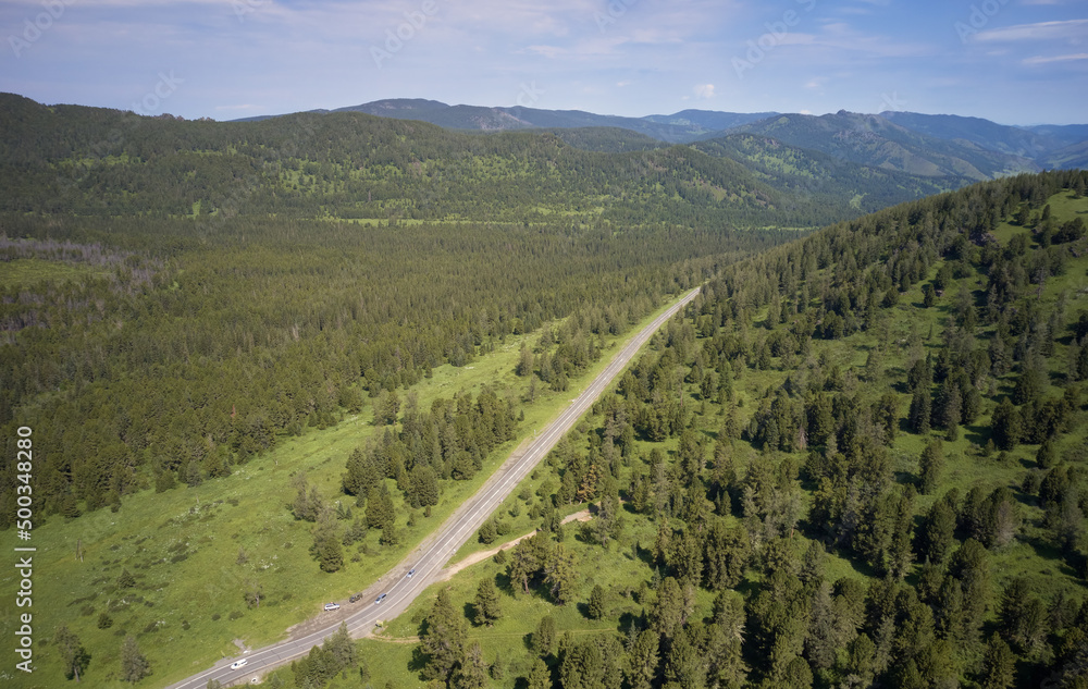 Aerial photo of Chui tract or Chuya Highway near Seminsky mountain pass.