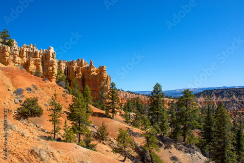 Bryce Canyon National Park, Utah, United States. View of orange color mountains in Bryce Canyon