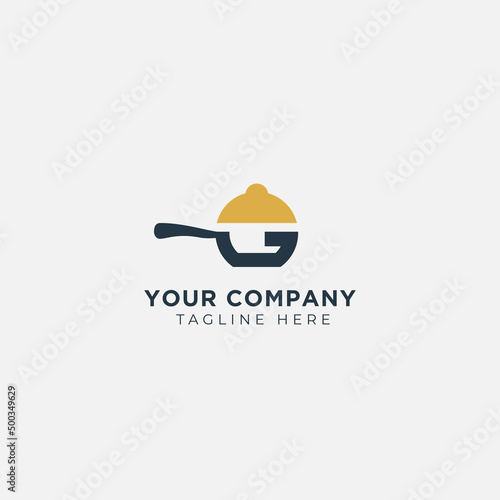 sophisticated letter G and Pan logo design displaying a pan with a fire where cooking