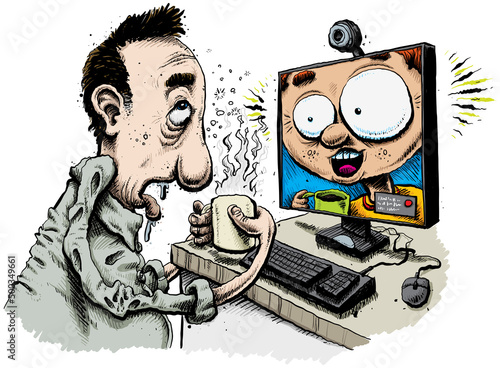 Two cartoon men on an early morning online video call with one happy and awake and the other tired and groggy.