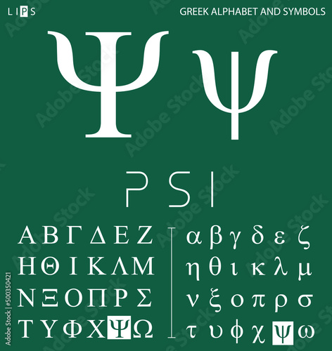 Greek alphabet and symbols, psi letter with pronunciation