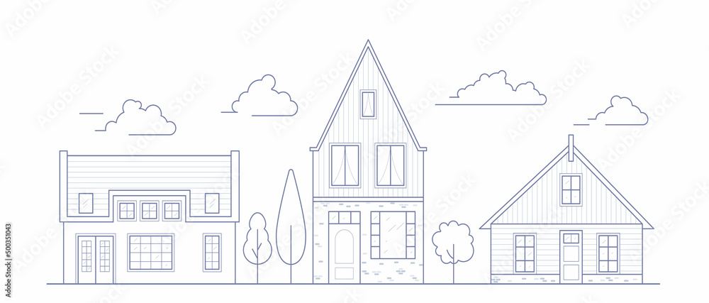 Europe neighborhood houses. Holland suburban with cozy homes. Facades of old traditionsl buildings in Netherlands. Outline vector illustration.