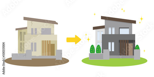 戸建リフォームのイメージイラスト素材　中古と新築