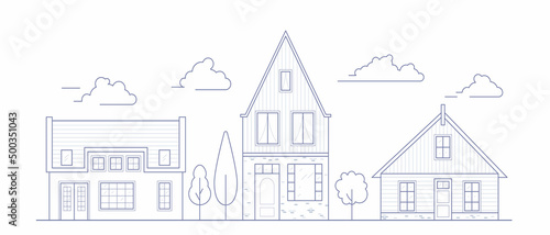 Europe neighborhood houses. Holland suburban with cozy homes. Facades of old traditionsl buildings in Netherlands. Outline vector illustration.