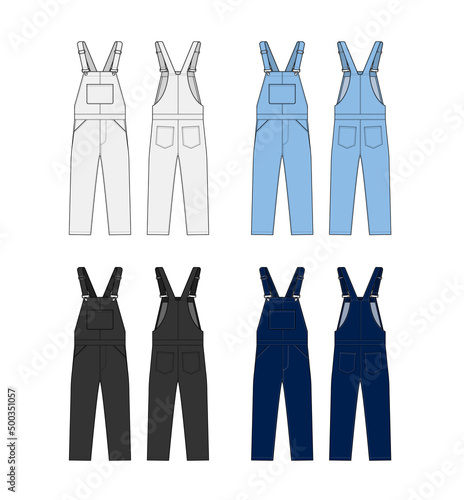 Denim overall jumpsuit vector template illustration set