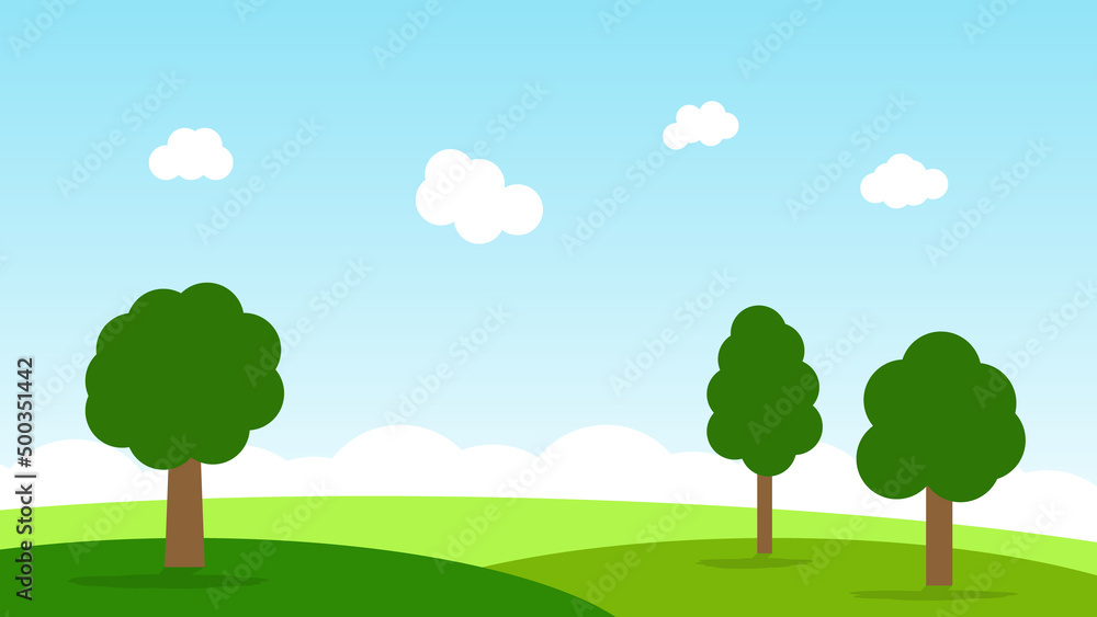 landscape cartoon scene with green hills and white cloud in summer blue sky background landscape cartoon scene with green hills and white cloud in summer blue sky background