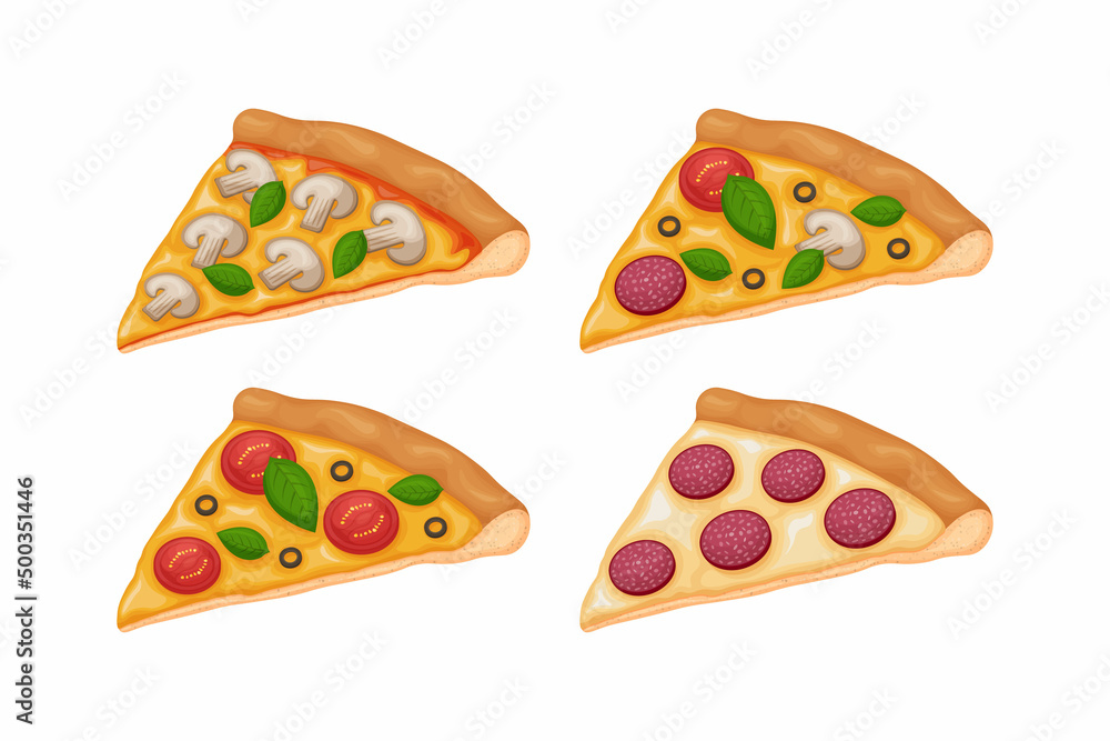 Pizza set . A collection of four slices of pizza with various fillings. Pizza with sausage, mushrooms, tomatoes and cheese. Vector illustration isolated on a white background Pizza set . A collection of four slices of pizza with various fillings. Pizza with sausage, mushrooms, tomatoes and cheese. Vector illustration isolated on a white background