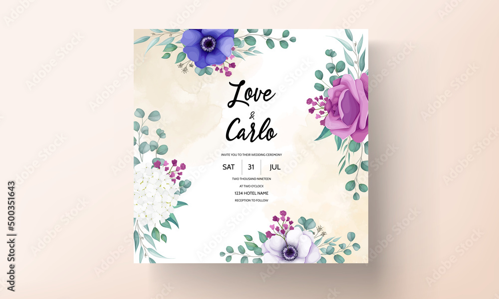 elegant beautiful flower and leaves wedding invitation card