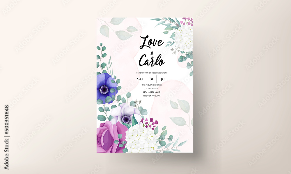 elegant beautiful flower and leaves wedding invitation card