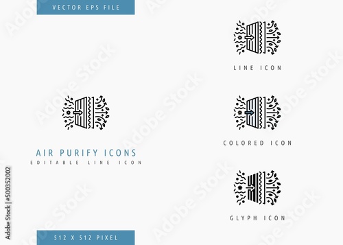 Air Purify icons set editable stroke vector illustration. Clean air filtering symbol. Icon line style on isolated background for ui mobile app, web design, and presentation.