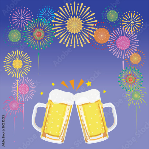 2つのビアジョッキと花火の背景