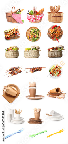 Set of items for picnic on white background