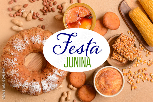 Beautiful greeting card for Festa Junina (June Festival) with traditional food
