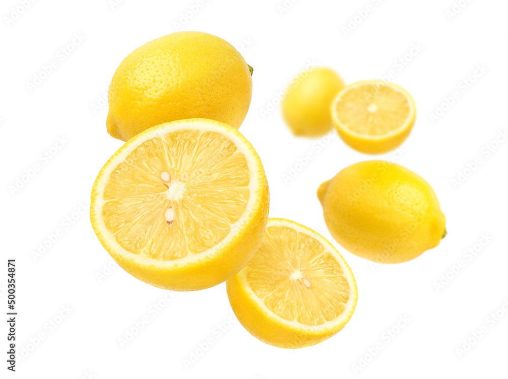 Fresh lemon with cut in half levitate isolated on white background.