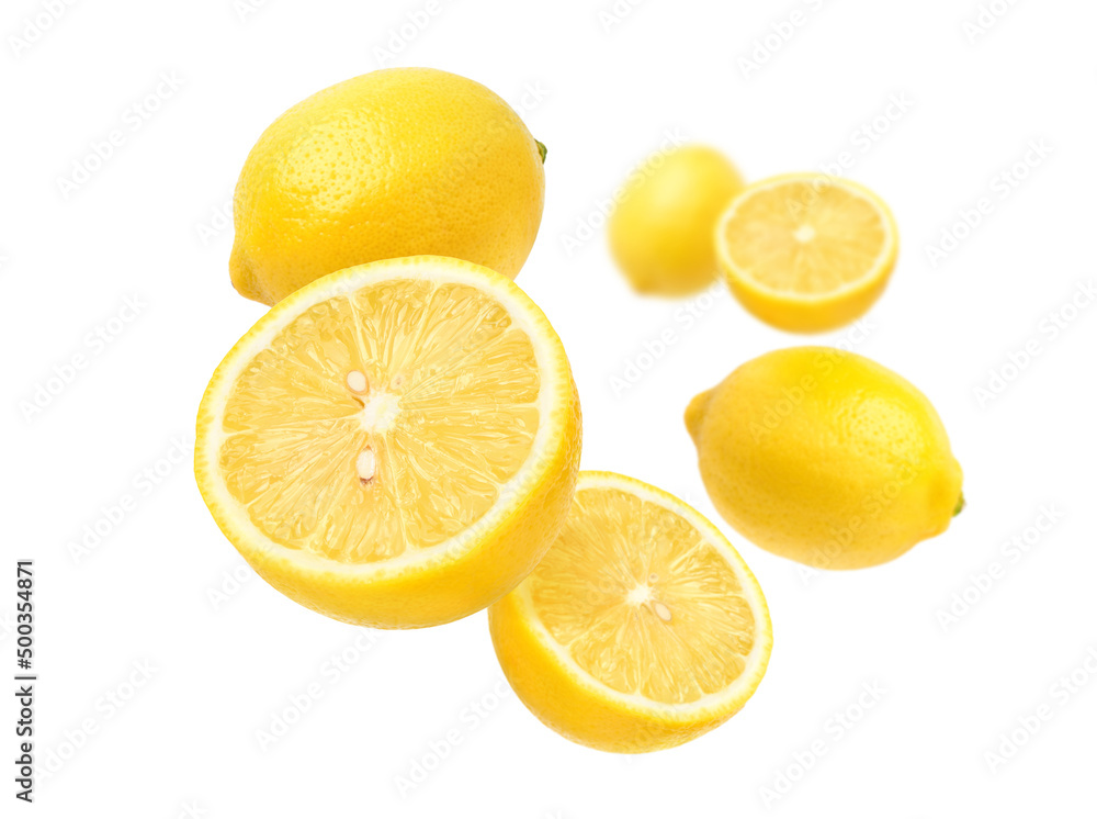 Fresh lemon with cut in half levitate isolated on white background. Fresh lemon with cut in half levitate isolated on white background.