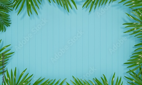 Empty blue wood Background with green palm leaf. 3d rendering illustration.