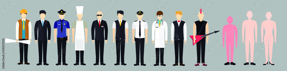 People With Different Occupation Workers Profession Flat Vector Illustration. Engineer, architect, construct, policeman, police, businessman, business, chef, bodyguard, waiter, pilot, doctor, musician People With Different Occupation Workers Profession Flat Vector Illustration. Engineer, architect, construct, policeman, police, businessman, business, chef, bodyguard, waiter, pilot, doctor, musician