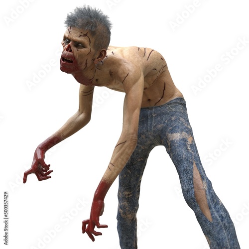 Zombie male isolated white background 3d illustration