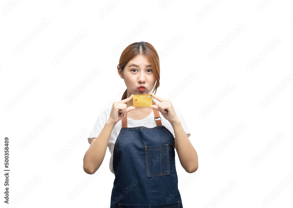Asian woman entrepreneur holding a credit card in her hand on a white background, clipping path inside. Asian woman entrepreneur holding a credit card in her hand on a white background, clipping path inside.