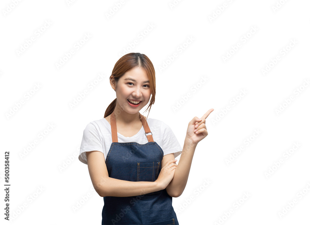 Pretty and cute Asian female entrepreneur pointing a finger at an empty area. isolated on a white background. clipping path inside. Pretty and cute Asian female entrepreneur pointing a finger at an empty area. isolated on a white background. clipping path inside.