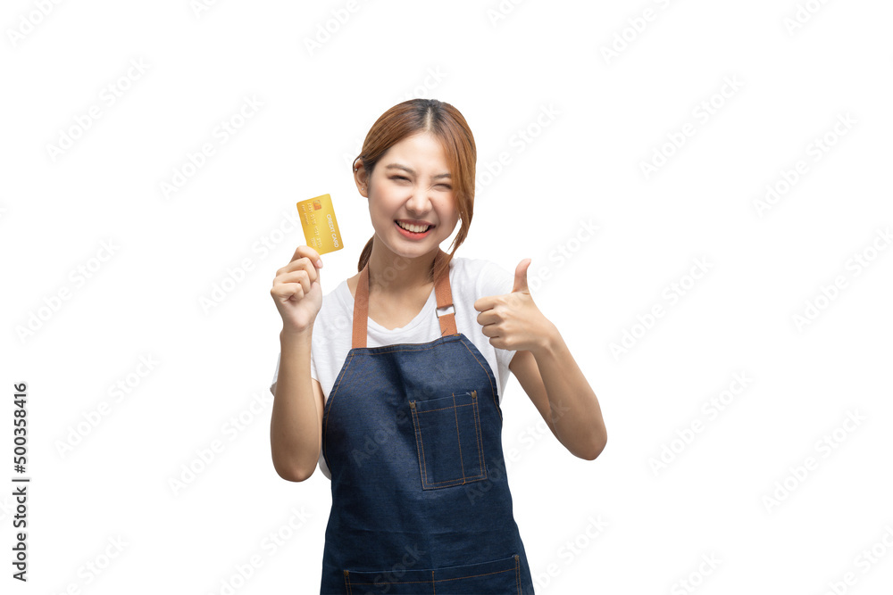 Asian woman entrepreneur holding a credit card in her hand on a white background, clipping path inside. Asian woman entrepreneur holding a credit card in her hand on a white background, clipping path inside.