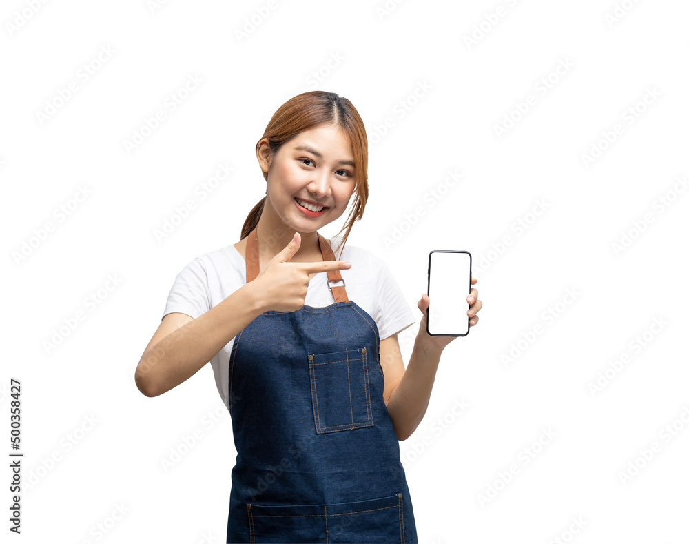Entrepreneur or shop owner Asian woman holding smartphone with blank white screen. Isolated on white background, clipping path in side. Entrepreneur or shop owner Asian woman holding smartphone with blank white screen. Isolated on white background, clipping path in side.