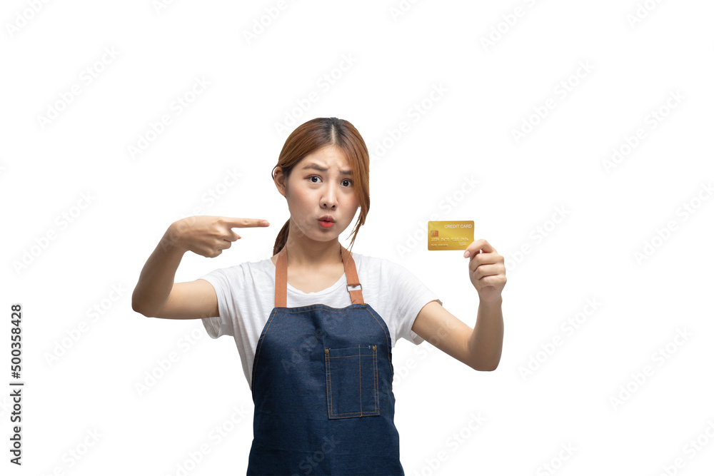 Asian woman entrepreneur holding a credit card in her hand on a white background, clipping path inside. Asian woman entrepreneur holding a credit card in her hand on a white background, clipping path inside.