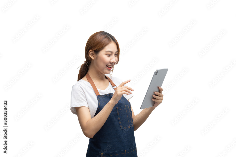 Asian woman entrepreneur or shop owner holding a tablet computer with an excited face. isolate on a white background. clipping path in side. Asian woman entrepreneur or shop owner holding a tablet computer with an excited face. isolate on a white background. clipping path in side.
