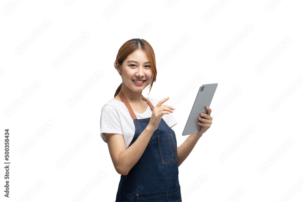 Asian woman entrepreneur or shop owner holding a tablet computer with an excited face. isolate on a white background. clipping path in side. Asian woman entrepreneur or shop owner holding a tablet computer with an excited face. isolate on a white background. clipping path in side.