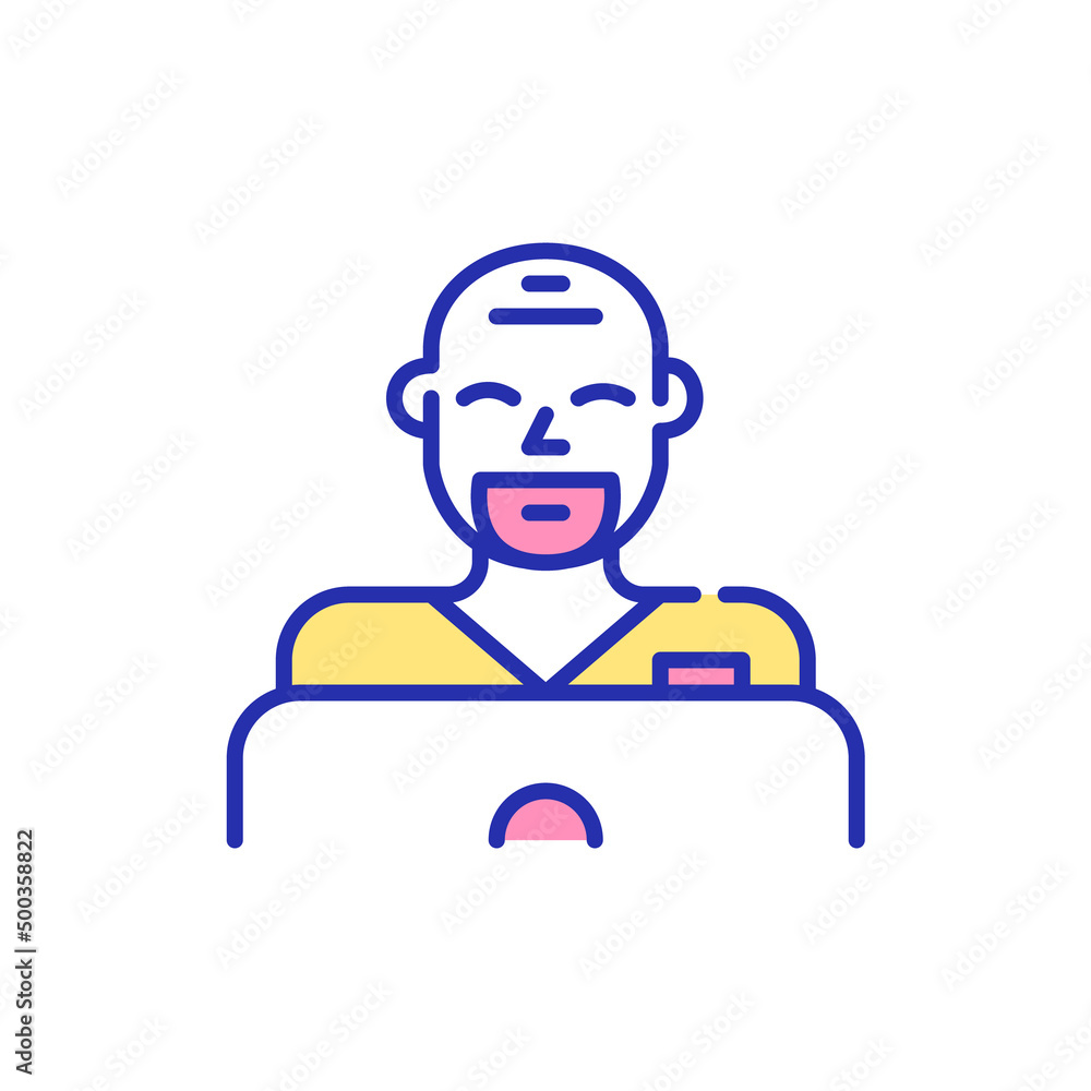 Young professional nurse. Smiling man working and learning at laptop. Pixel perfect, editable stroke fun color icon