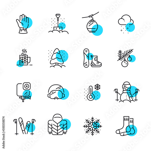 Winter mountain vacation symbols set. Recreational sports, cold temperature and warm clothes. Pixel perfect, editable stroke geometric icons