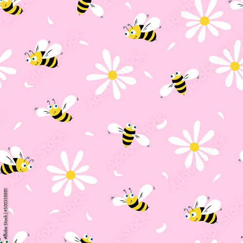 Daisy and bees seamless pattern on a pink background. Flowers, petals and cartoon bees. Vector illustration. 