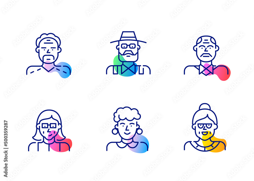 Senior adult users icons set. Pixel perfect, editable stroke line art icons