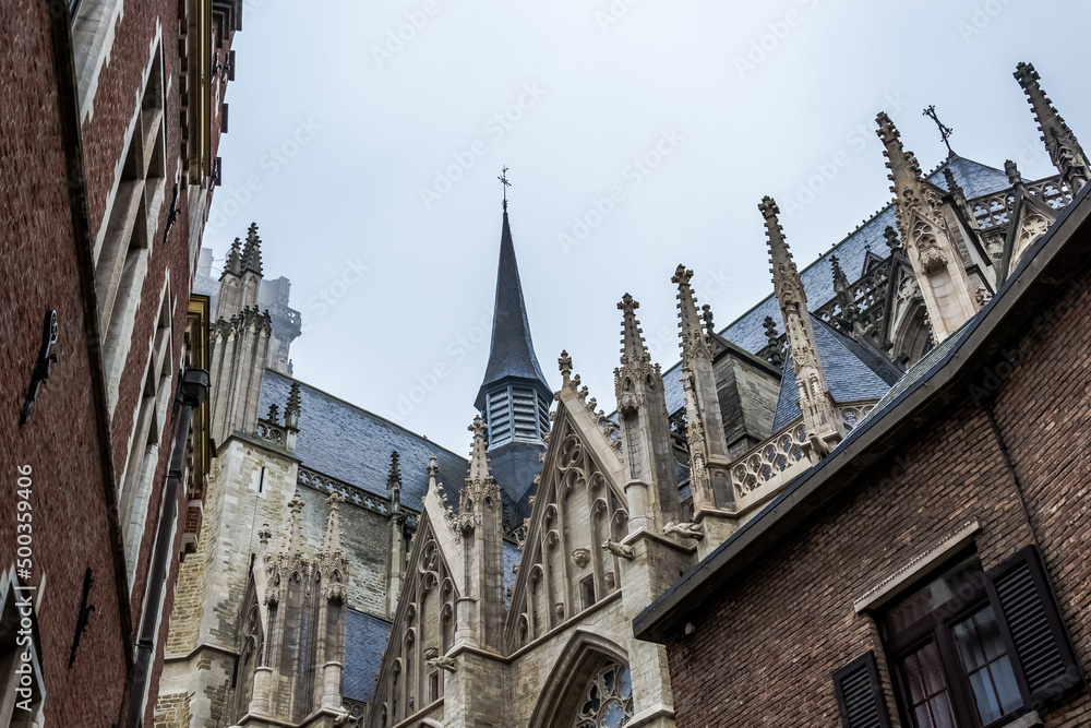 Architectural detail of the St. Rumbold's Cathedral, a Belgian cathedral in the city of Mechelen, dedicated to Saint Rumbold, Christian missionary and martyr