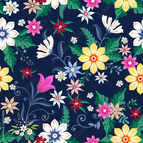 Fototapeta Naklejka Na Ścianę i Meble -  Vector illustration of a floral pattern. Flowers and grass on a blue background.