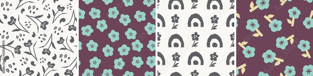 Collection of cute botanical seamless patterns. Spring summer illustrations Collection of cute botanical seamless patterns. Spring summer illustrations