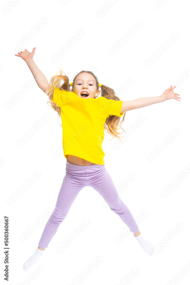Little cute happy girl is jumping. Isolated on white background. Little cute happy girl is jumping. Isolated on white background.