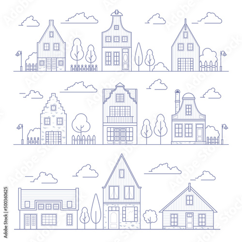 Europe neighborhood houses. Holland suburban with cozy homes. Facades of old traditionsl buildings in Netherlands. landscape outline vector illustration. © Chorna_L