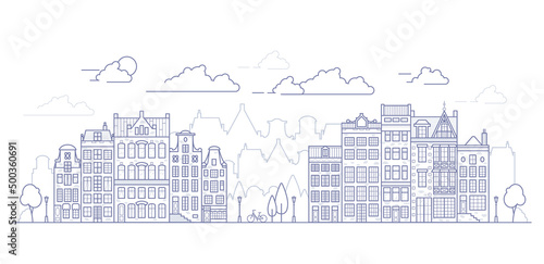 Amsterdam old style houses. Dutch canal houses lined up near a canal in the Netherlands. Building and facades for Banner or poster. Vector outline illustration.