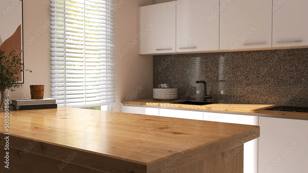 Fototapeta premium 3D render, perspective of white kitchen cabinet set with blank empty wooden island for household product overlay mock up. Background, Window, Sunlight, Countertop, Wood grain, Apartment, Home, Space.