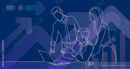 modern team members discussing work project on laptop computer - one line drawing