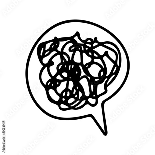 Confused messed up thoughts bubble line art icon. Depressed mental state before therapy, brain overthinking everything