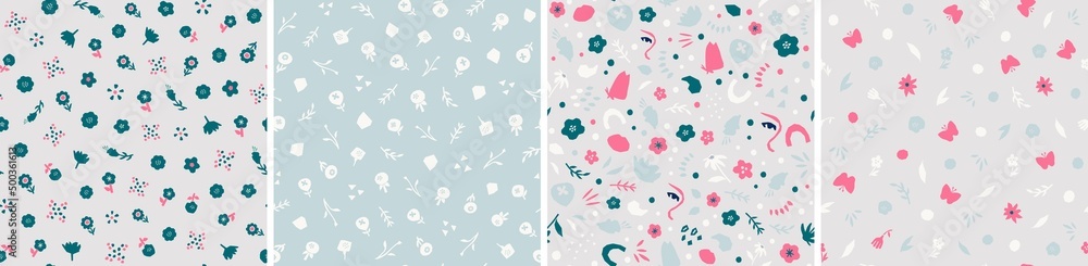 Set of floral vector seamless patterns. Bright abstract background Set of floral vector seamless patterns. Bright abstract background