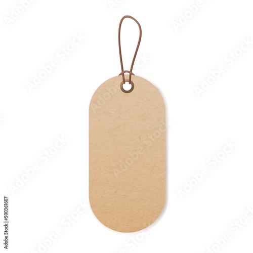 Craft price tag on string. Blank kraft paper label hanging on cord, thread. Bio cardboard beige badge mockup for eco products. Realistic vector graphic illustration isolated on white background